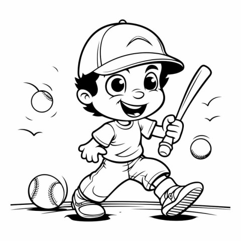 Cute boy playing baseball - Black and White Cartoon Illustration