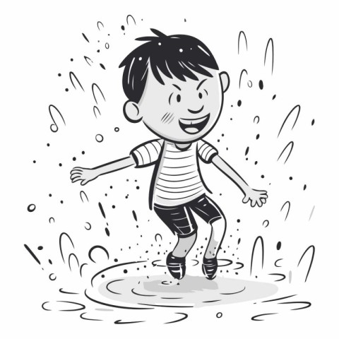 Happy boy jumping in a puddle of water.