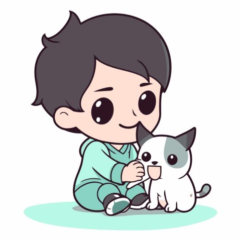 Cute little boy playing with his cat. Vector cartoon illustratio