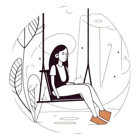 Girl sitting on a swing in the park in flat style