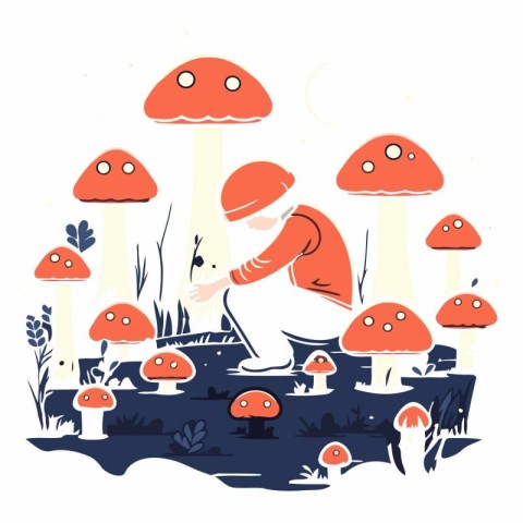 Little boy playing with mushrooms. Cute hand drawn vector illust