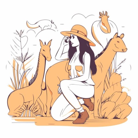 Vector illustration of a young woman in a safari hat sitting on