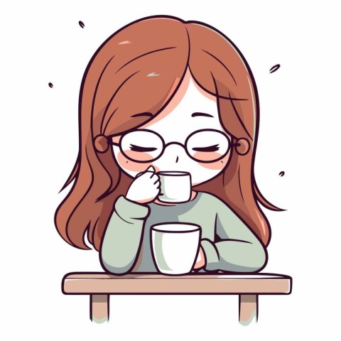 Illustration of a Cute Girl Drinking a Cup of Tea or Coffee