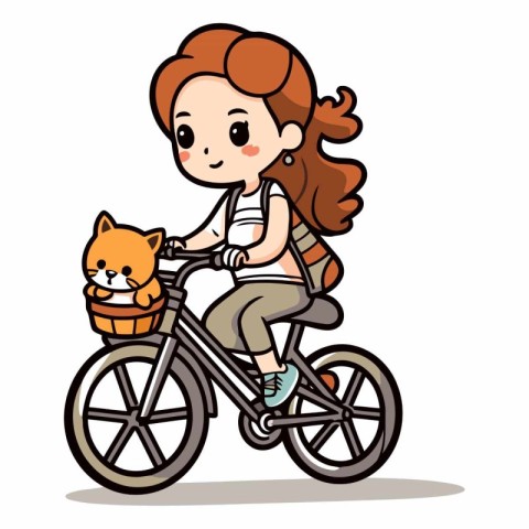 Cute little girl riding bicycle with her cat.