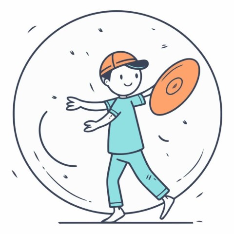 Vector illustration of little boy playing with big circle. Cute