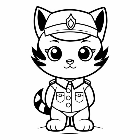 Black and White Cartoon Illustration of Cute Little Cat Pilot Ch