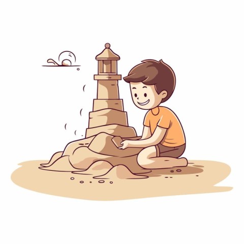 Little boy playing with sand and building a lighthouse.