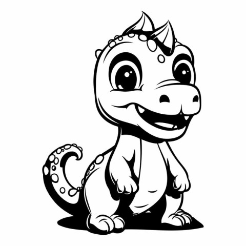 Cute Cartoon Dinosaur - Black and White Vector Illustration. Iso