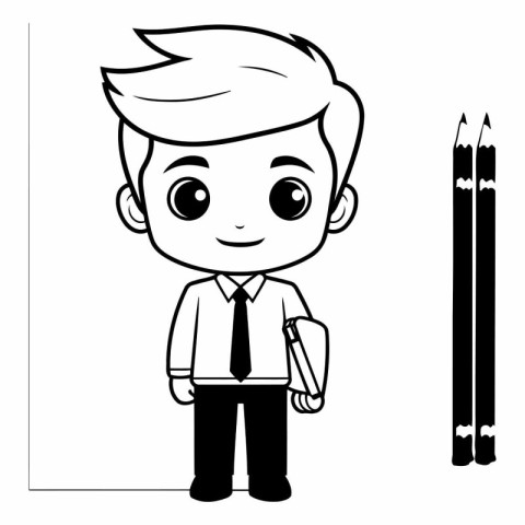 cute little boy with pencils black and white vector illustration