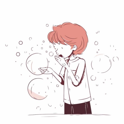 Illustration of a boy blowing soap bubbles on a white background