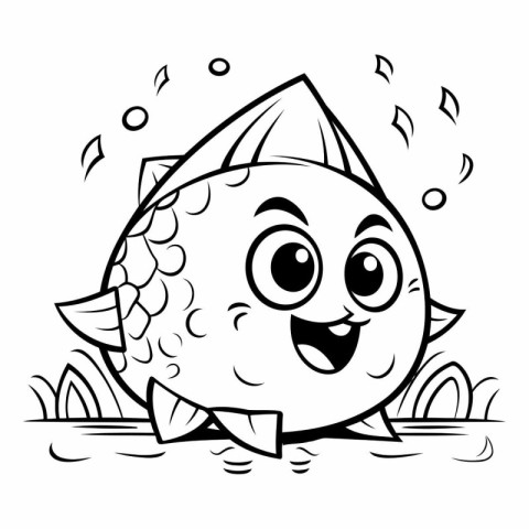 Black and White Cartoon Illustration of Cute Fish Character for