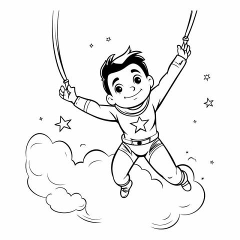 Cute boy flying in the sky with a rope.