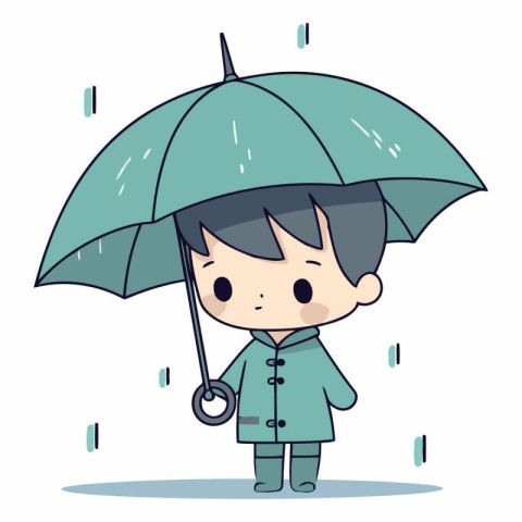 Boy with umbrella and raincoat in cartoon style.