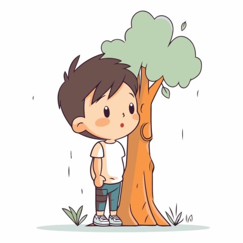 Boy standing under a tree. Cute cartoon character vector illustr