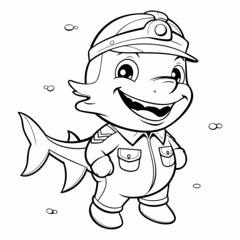 Black and White Cartoon Illustration of Cute Little Fisherman Ch