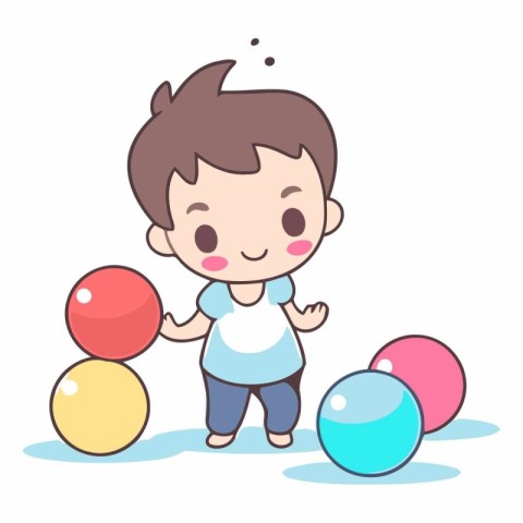 Cute little boy playing with colorful balls. Vector cartoon illu