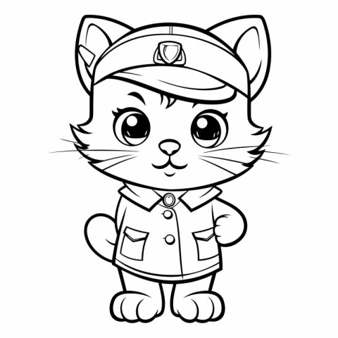 Black and White Cartoon Illustration of Cute Cat Captain Charact