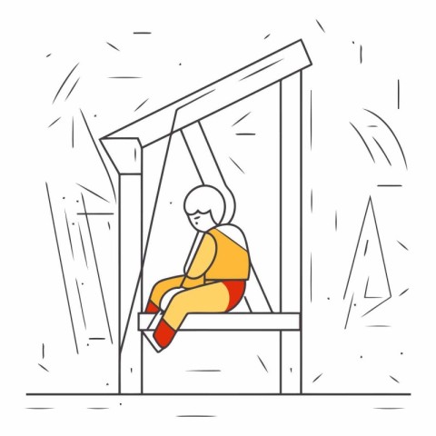 Man sitting on a swing in the park. Linear vector illustration.