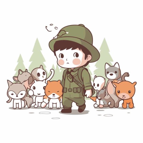 Illustration of a Kid Boy in Army Uniform with His Pet Animals