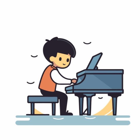 Little boy playing grand piano in flat cartoon style.