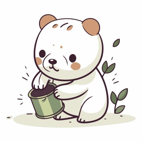 Polar bear with watering can. Cute cartoon vector illustration.