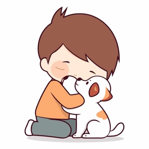 Little boy playing with his dog. Cute cartoon vector illustratio