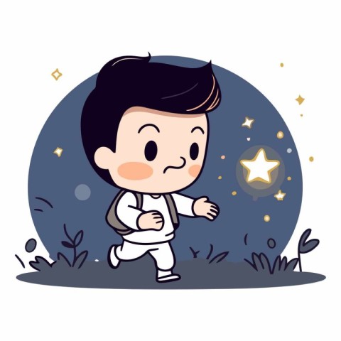 Cute little boy running in the night. Vector cartoon illustratio