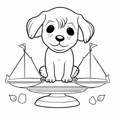 Black and white illustration of a puppy sitting on a balance wit