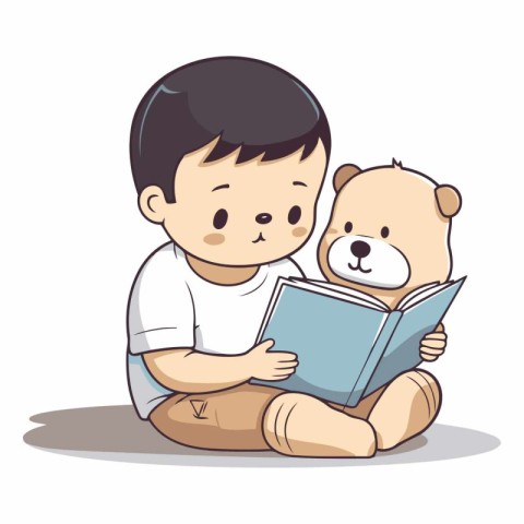 Illustration of a Little Boy Reading a Book with a Teddy Bear