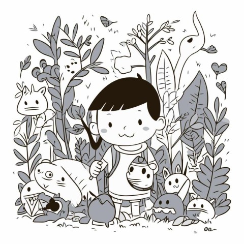 Cute boy playing in the garden. Cartoon style.