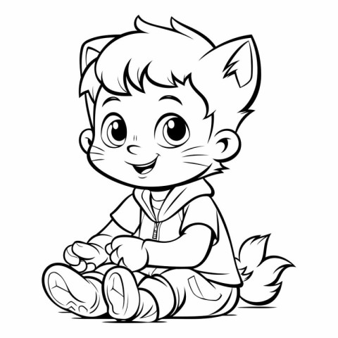 Cute Little Boy Sitting - Black and White Cartoon Illustration.