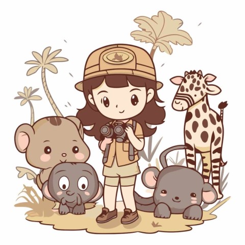 Illustration of a Kid Boy in Safari Gear with Animals Around him