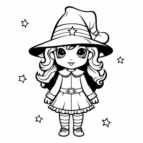 Cute little girl in a witch costume. Black and white vector illu