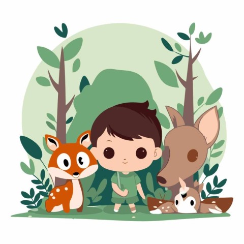 Cute little boy and deer in the forest.