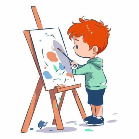 Cute little boy painting on easel. Vector cartoon illustration.