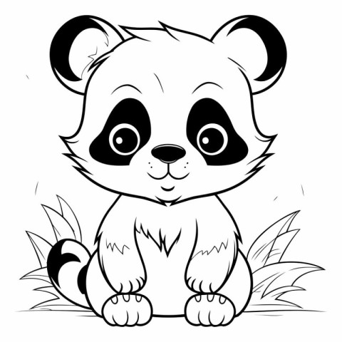 Cute panda sitting on the grass. black and white vector illustra