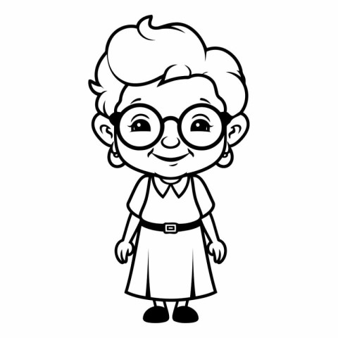 Cute Cartoon Grandmother - Black and White Illustration. Vector