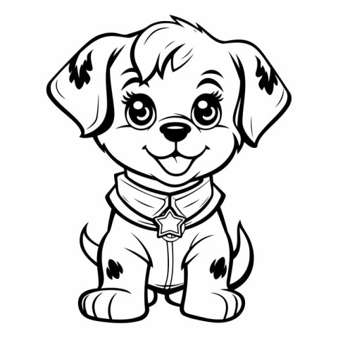 Cute Cartoon Puppy - Black and White Vector Illustration.