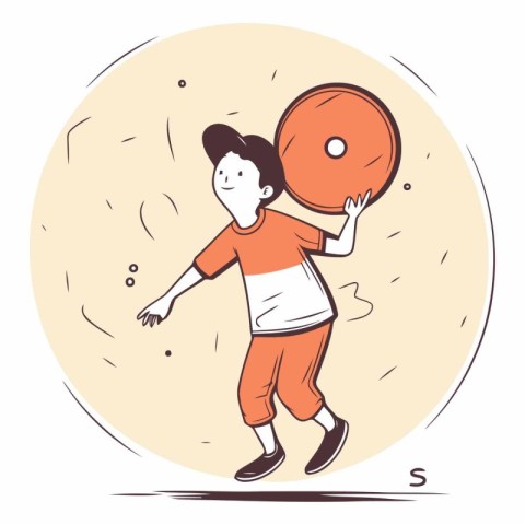 Little boy playing discus in cartoon comic style.