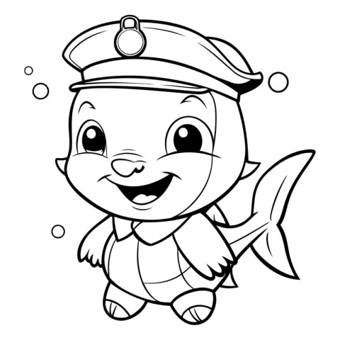 Black and White Cartoon Illustration of Cute Little Fish Captain