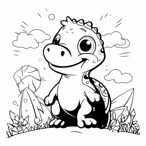 Cute little dinosaur sitting on the grass. Black and white vecto