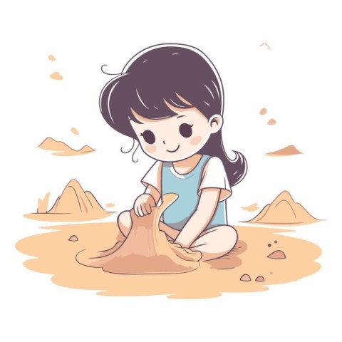 Cute little girl playing with sand in the desert