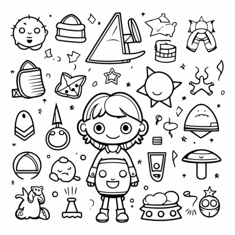 Cute cartoon space doodle set. Hand drawn vector illustration