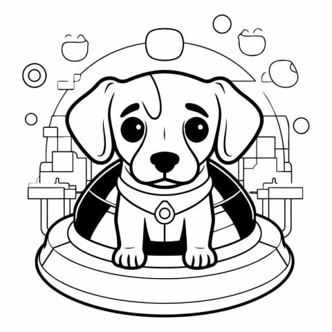 Cute dog in inflatable ring. Black and white vector illustration