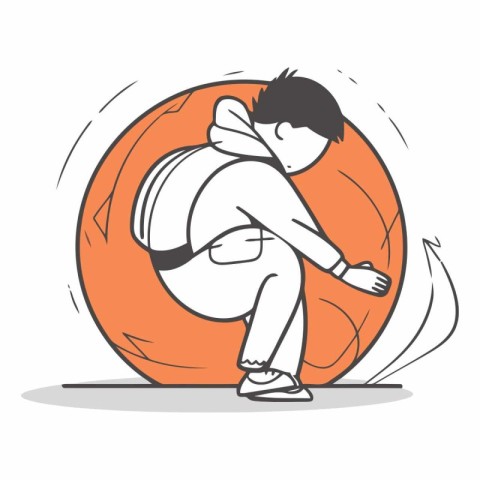 Fat man running on the orange background in cartoon style.