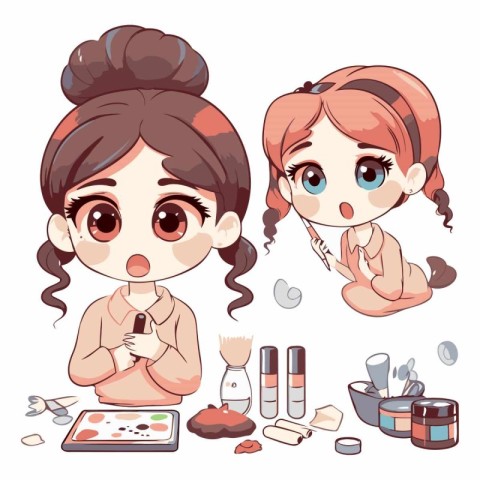 Cute cartoon girl applying make-up on white background.