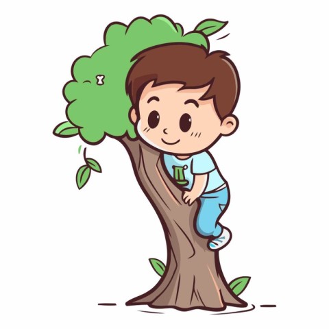 cute little boy climbing on a tree. cartoon vector illustration.