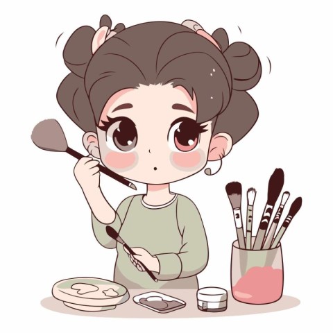 Cute little girl applying make-up with brush.