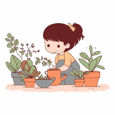 Cute little girl watering plants in pots. Hand drawn vector illu