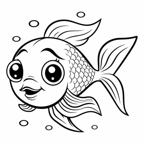 Black and White Cartoon Illustration of Cute Fish Character for